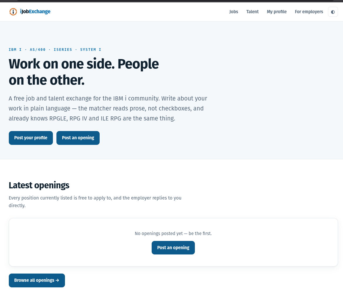 The rebuilt iJob Exchange: a clean layout with the headline 'Work on one side. People on the other.' and a Latest openings section