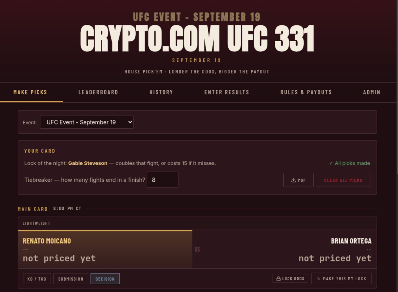 The UFC Pick&rsquo;em event page: a dark fight-card layout with each bout showing both fighters, their odds and buttons to pick a winner and a finish